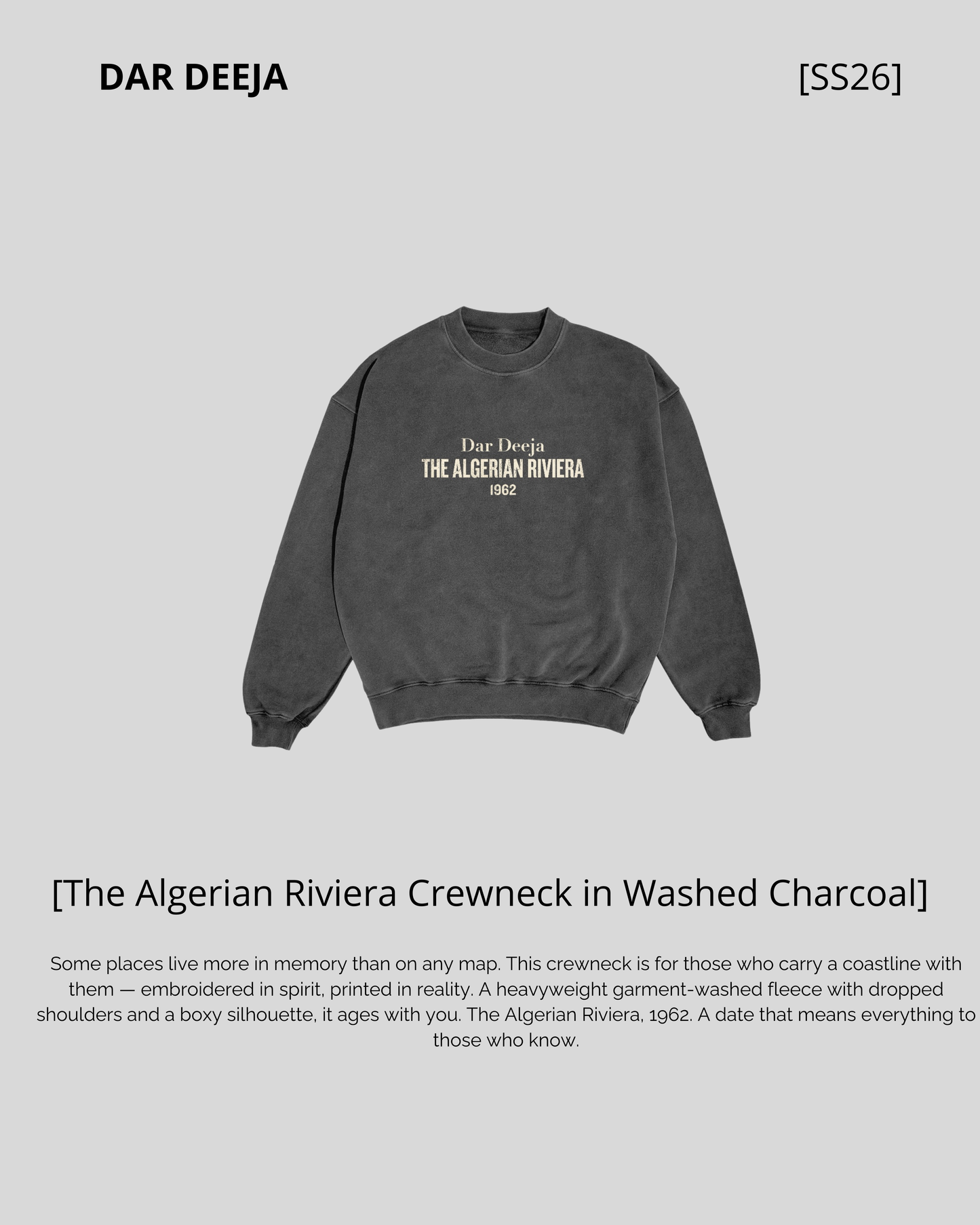 Crewneck Oversize Washed Charcoal — The Algerian Riviera 1962 | Dar Deeja